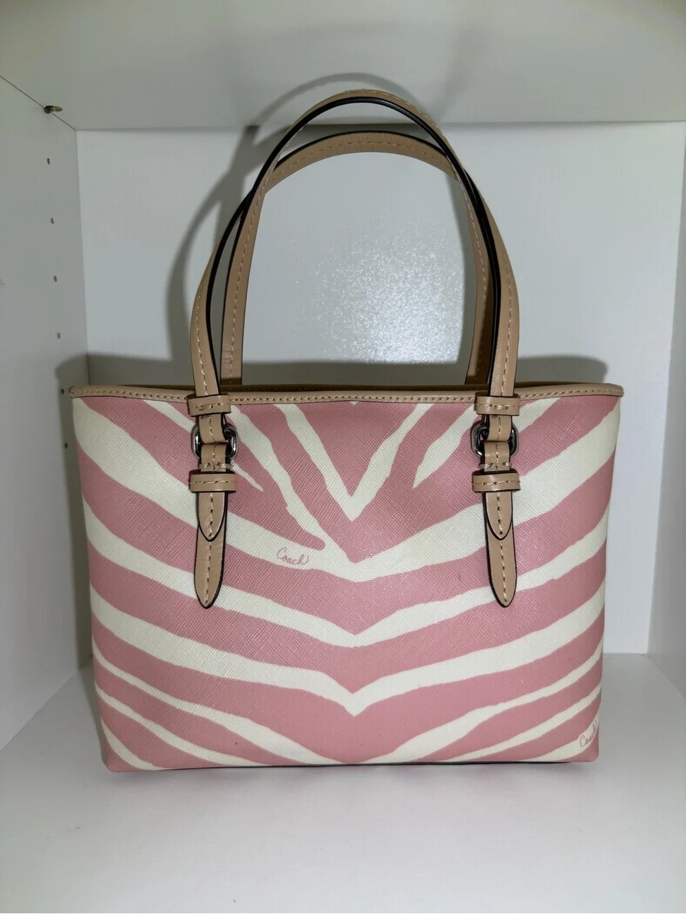 Coach Pink and White Zebra-Print Canvas Mini Tote with Tan Leather Trim - Picture 2 of 7